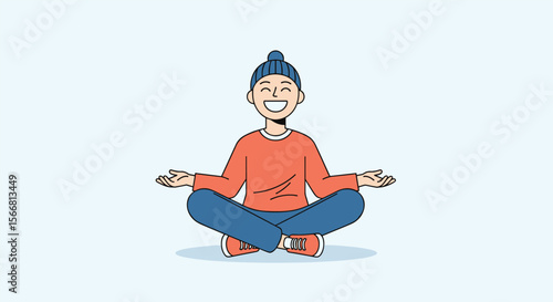 Young person with eyes closed sitting in a yoga pose smiling calmly with open palms enjoying a moment of peace