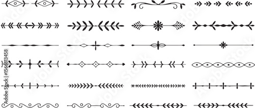 Collection of twenty black vector silhouette traced decorative dividers ornate line borders floral leaf arrow geometric design elements for text