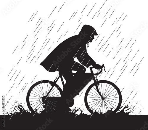 Silhouette of a person in a hooded jacket riding a bicycle through rain and puddles
