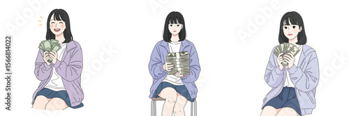 Vector set of a woman holding a lot of money