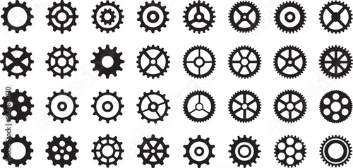 Thirty Six Black Cogwheel Gear Silhouettes Vector Illustration Set Various Designs Different Sizes Mechanical Engineering Parts