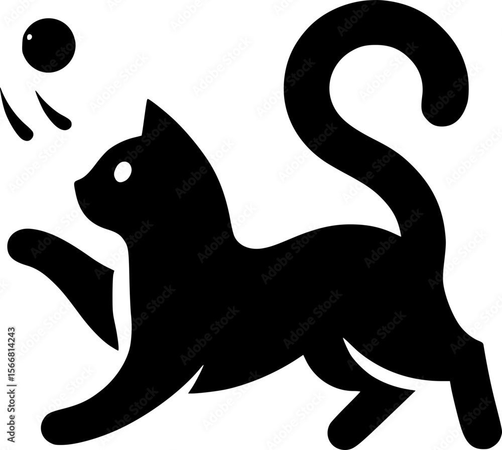 Obraz premium Playful cat pouncing in minimalist black flat vector, fun dynamic pose 