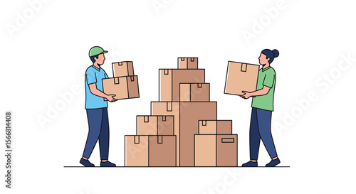 Two people carry boxes and stack packages for moving and relocation services illustration