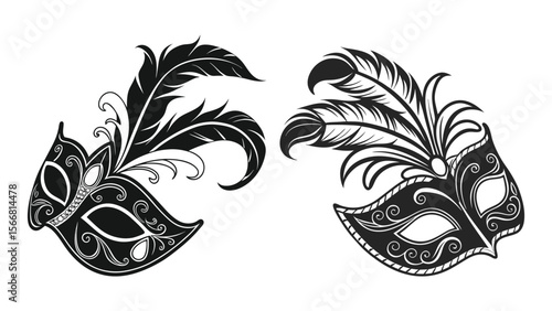 Print Black Silhouette Vector Illustration of Venetian Carnival Masks with Feathers