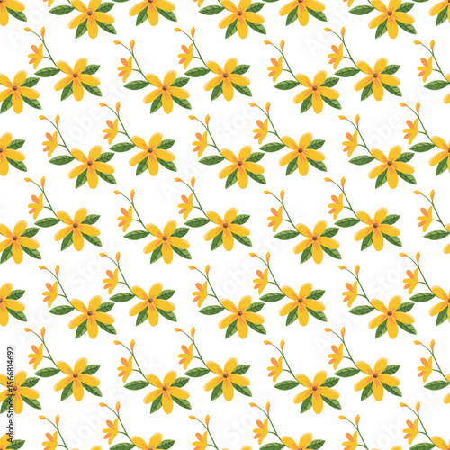 Wallpaper Mural Seamless Pattern Featuring Cheerful Yellow Flowers with Green Leaves on White Background Torontodigital.ca