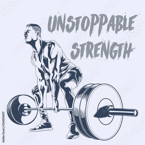 Hand Drawn Illustration of Athletic Man Performing Barbell Deadlift Strength Training