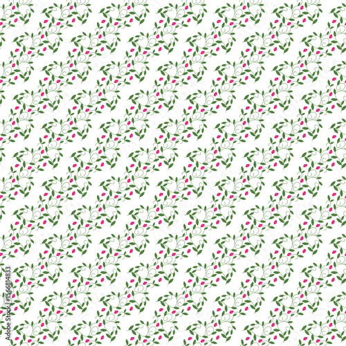 Wallpaper Mural Seamless Botanical Pattern with Green Leaves and Pink Floral Buds on White Torontodigital.ca