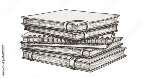 Stacked notebooks in vintage style with tied bindings  
