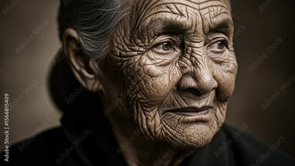 Elderly woman with deep wrinkles, serene expression, close-up Elderly woman with deep wrinkles, serene expression, close-up