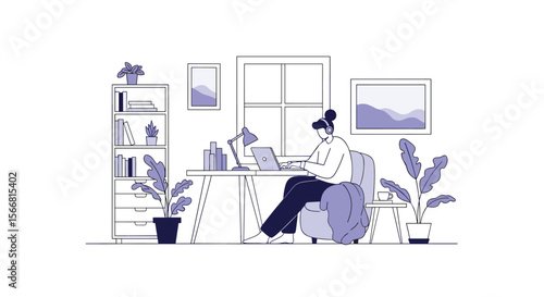 A person working on a laptop at a desk in a well-lit office with plants and bookshelves contributing to a productive atmosphere