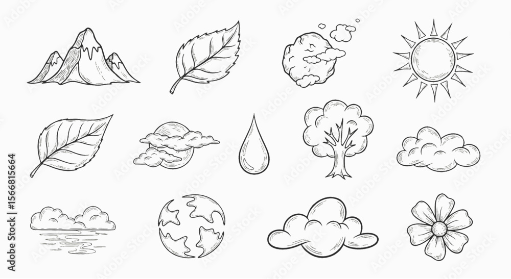 Hand-Drawn Nature Icons Mountains, Leaves, Sun, Clouds, and More Hand-Drawn Nature Icons Mountains, Leaves, Sun, Clouds, and More