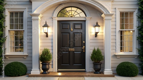 A stately black front door with classical columns and lush landscaping welcomes visitors to a grand home