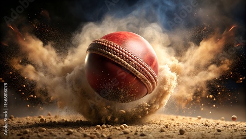 A red cricket ball explodes in a cloud of dust and smoke during an intense match