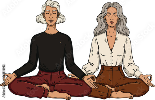 Two mature women practicing meditation in lotus pose for wellness and mindfulness vector illustration 
