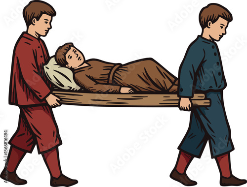 Two boys carrying a woman on a stretcher vintage illustration historical scene 