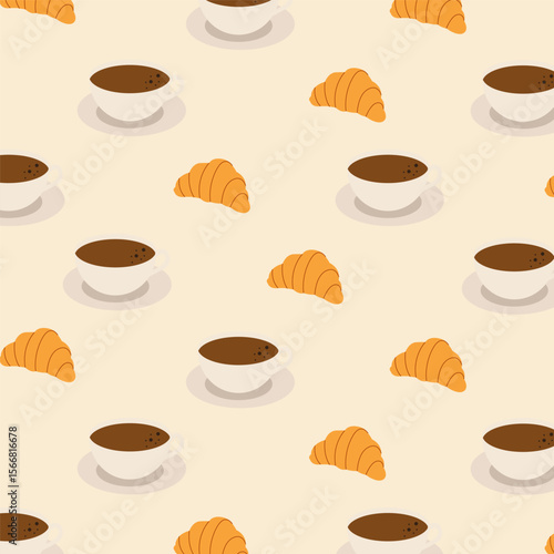 Coffee and  croissant seamless pattern for backgrounds, presentations, wrapping papers, prints, artworks. Vector illustration