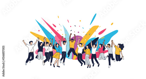 A vibrant group of diverse people joyfully jumping and celebrating with colorful confetti bursting around them signifying achievement and unity