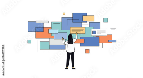 Person interacting with data visualization information blocks conceptualizing abstract concepts through digital technology and visual representation