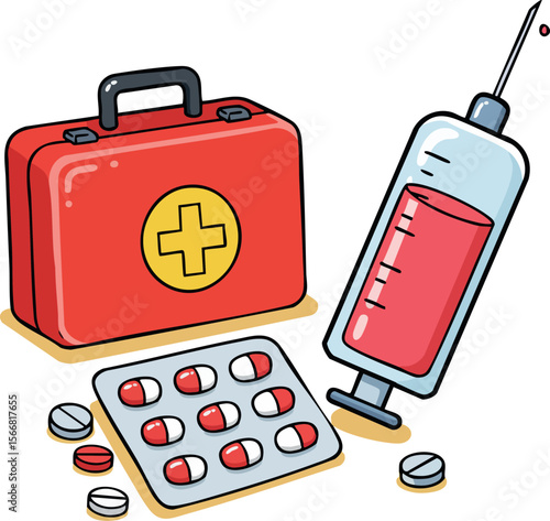 Medical syringe first aid kit and pills healthcare vector illustration in red and white colors 