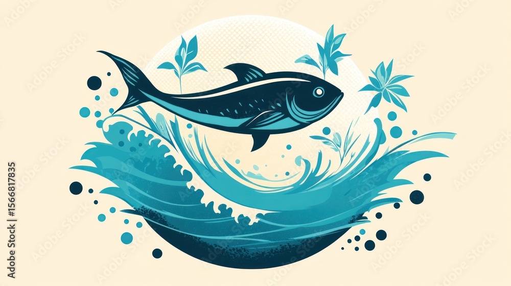 Naklejka premium Ocean fish leaping, stylized graphic