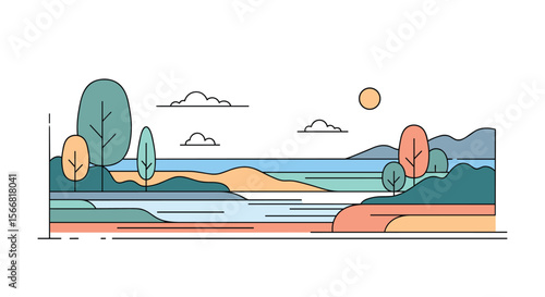 A vibrant flat illustration depicting a serene lakeside landscape with rolling hills trees and a clear blue sky on a beautiful sunny day