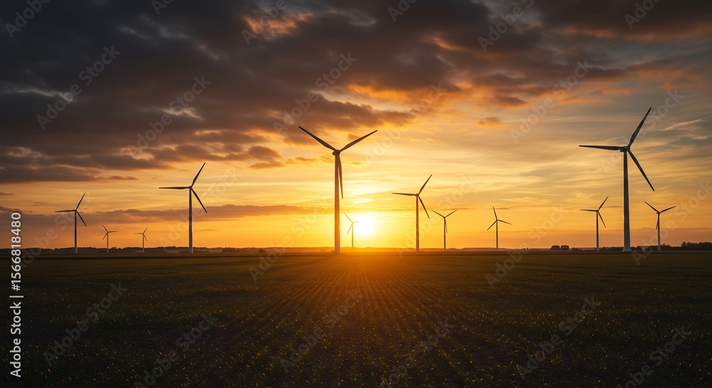 Obraz premium Golden Sunset over Wind Turbines in a Ploughed Field