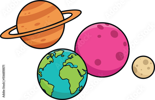 Cartoon style solar system planets with Earth, Saturn rings and colorful cosmic bodies vector illustration 