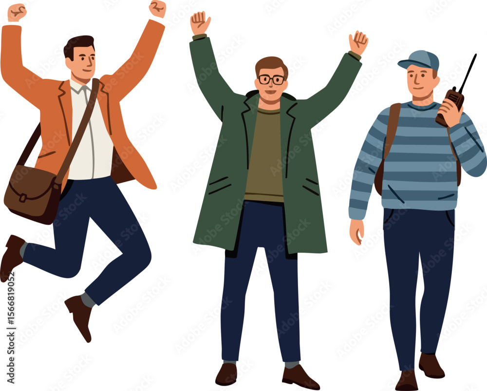 Obraz premium Group of three diverse men celebrating and communicating with radio device vector illustration 