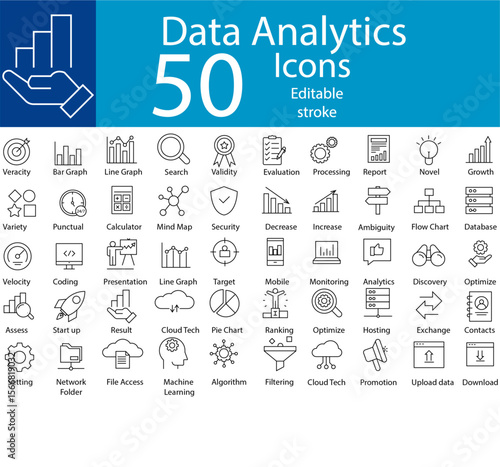 set of 50 analytics web icons. outline thin line icons such as wave chart, merge charts, graph, stock market, graph pie, database interconnected, supplies, phonebook. vector illustration