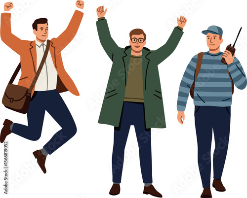 Group of three diverse men celebrating and communicating with radio device vector illustration 