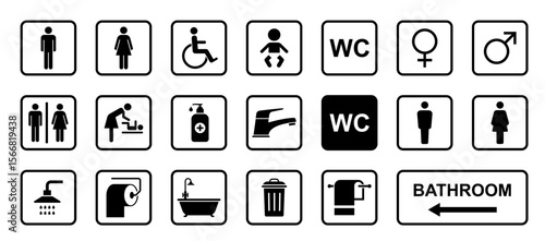 toilet, bathroom, WC or restroom signs for disabled, male, female, children. male and female sings set and bathroom signs including sanitizer, faucet, bathtub, bin, towel, shower, toilet paper, 