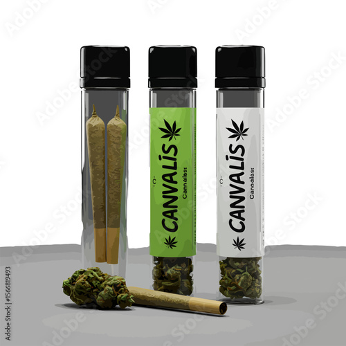 Cannabis products including pre-rolled joints and buds presented in clear tubes, a modern and stylized display of marijuana.