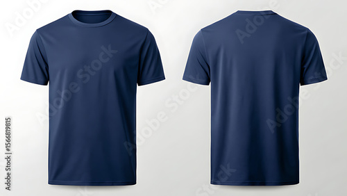 A navy blue tshirt is presented from the front and back apparel mockup, garment visualisation, t shirt template, clothing presentation, fashion mockup