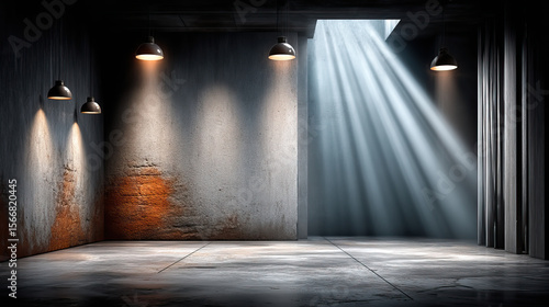 Wallpaper Mural Empty industrial room with concrete floor and walls illuminated by hanging lamps and natural light beams from ceiling opening, creating moody atmosphere Torontodigital.ca