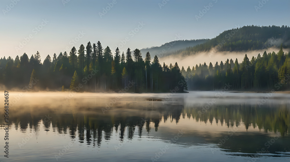 Fototapeta premium A calm lake at morning with mist gently rising from the surface, surrounded by pine trees and soft morning light