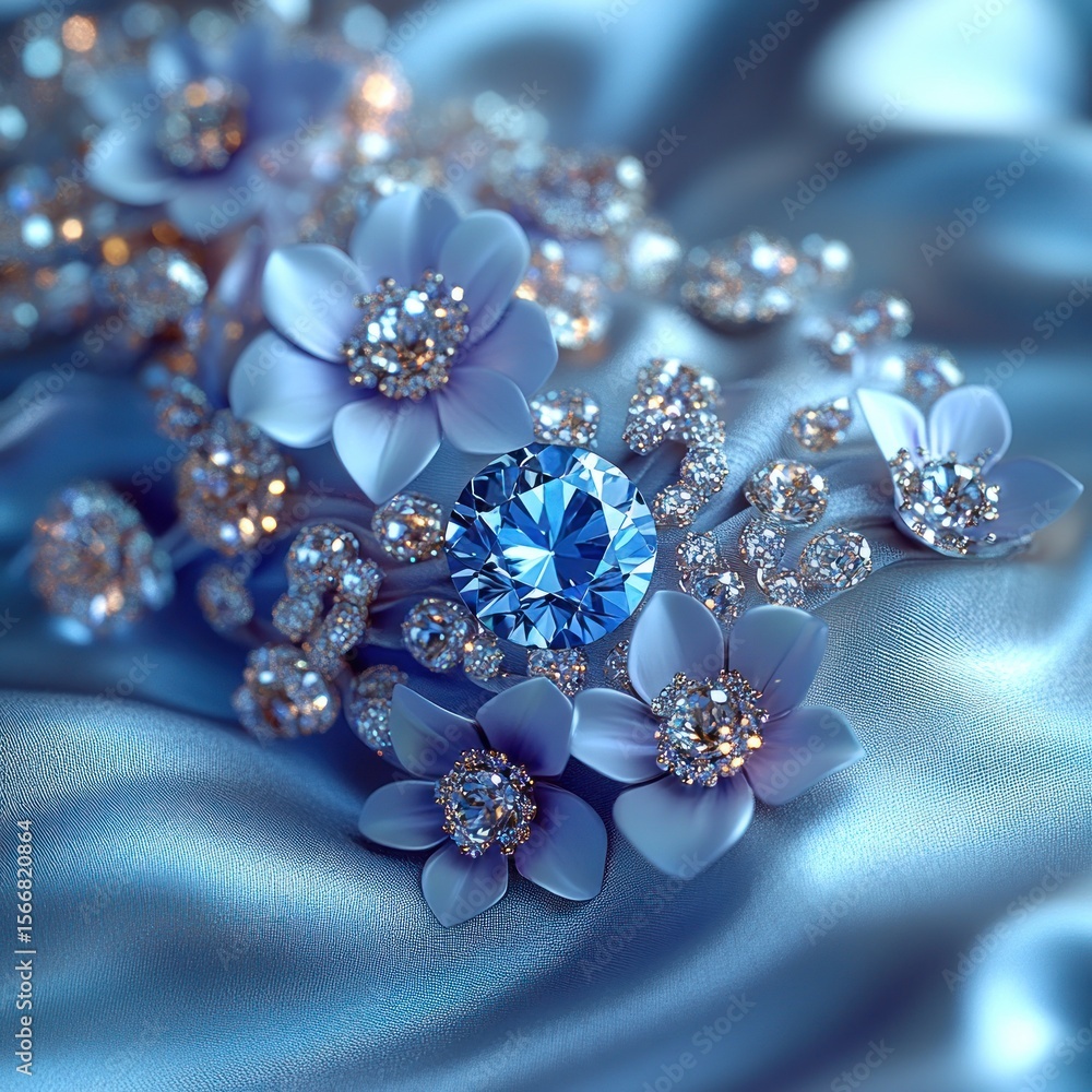Fototapeta premium Delicate blue flowers and sparkling diamonds on soft satin fabric
