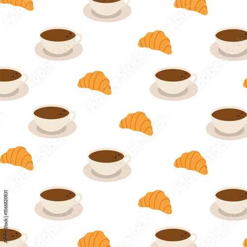 Coffee and  croissant seamless pattern for backgrounds, presentations, wrapping papers, prints, artworks. Vector illustration