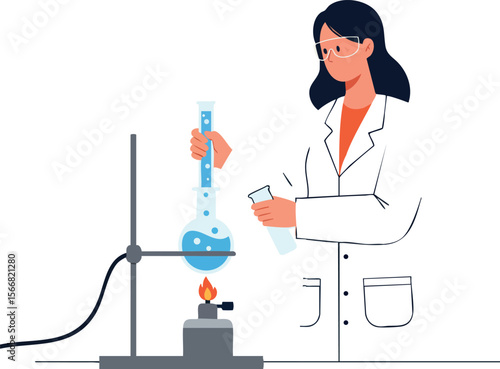Female scientist conducting chemistry experiment with blue liquid in laboratory vector illustration 