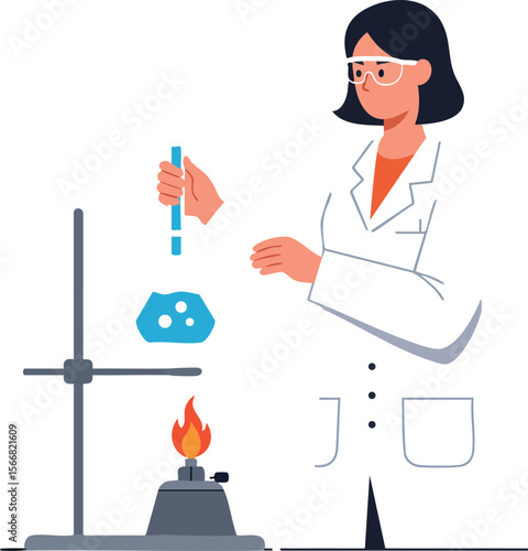 Female scientist performing chemical experiment with lab equipment in white coat vector illustration 