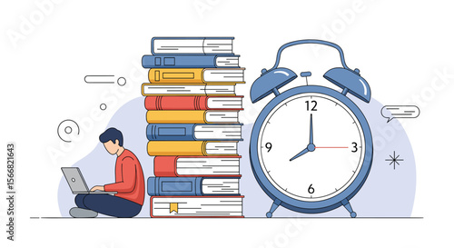 Student learning remotely with laptop near stack of books and alarm clock representing study time management and education