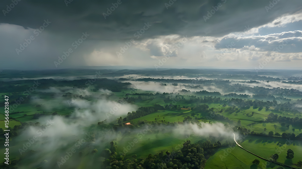 Fototapeta premium “A 3D drone view of rain falling over a green landscape, with mist and clouds rolling in