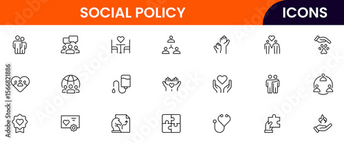 Social Policy vector web line icon collection, sleek illustrations of equality, justice, community, and awareness symbols for impactful designs.