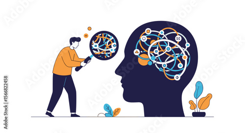 Illustration of a man examining a complex network of interconnected lines and nodes within a human head silhouette representing cognition understanding and problem solving concepts