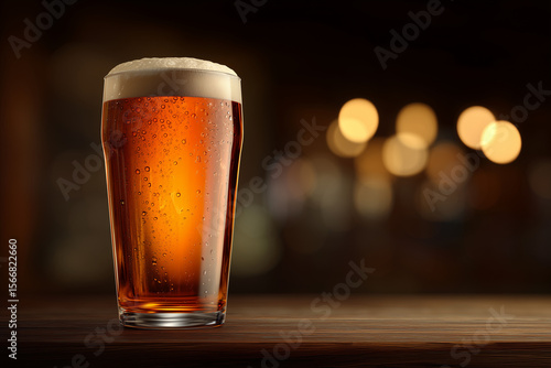 Craft Beer in Pint Glass with Foam Head, Pub Atmosphere