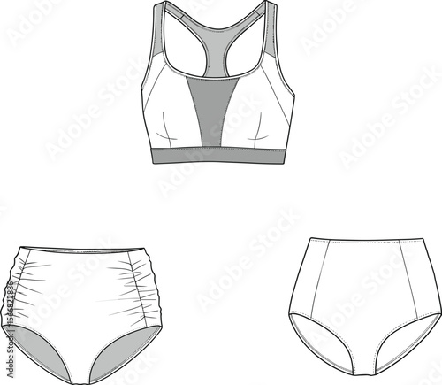 Women’s underwear fashion sketch, racerback bra, high-waisted briefs with contrast panels, seamless design, front and back view, technical drawing template