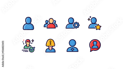 Person eight vibrant UI icons showcase diverse and colorful people, suitable for web design, social media, presentations, and educational materials.
