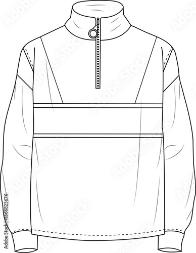 Men’s Quarter-Zip Pullover with High Neck | Technical Fashion Illustration | Flat Apparel Template CAD