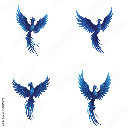 Blue Phoenix Vector Set – Elegant Flame Bird Illustrations, Mythical Ice Firebirds, Spiritual Fantasy Creatures, Tattoo Clipart Collection