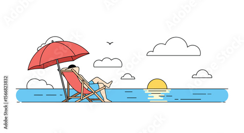 Relaxing under a bright red umbrella on a beach chair by the ocean at sunset watching birds fly by in the sky with clouds in the background