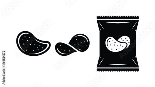 Illustration of two potato chips and a sealed bag of chips on a white background in black and white